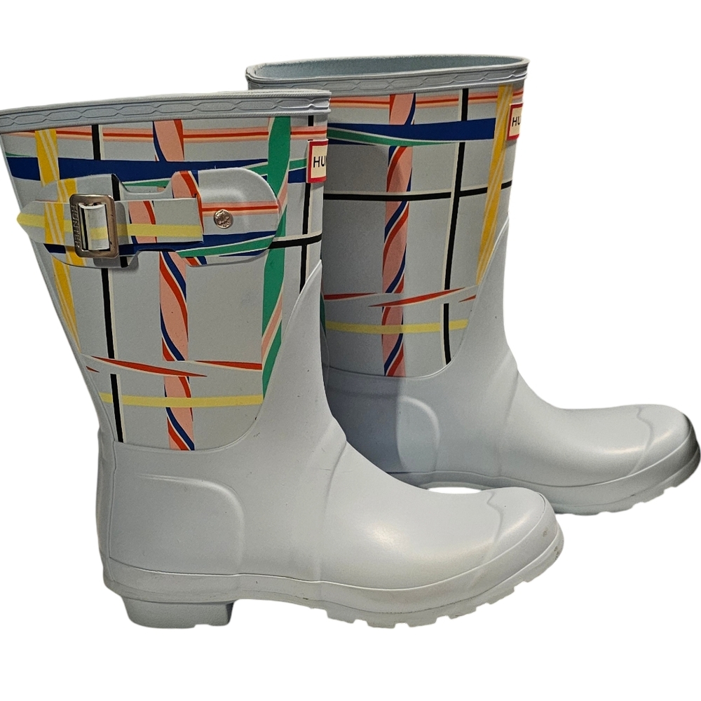 Hunter Original Short Rain Boots Rock Tartan Boat Blue US Women's Size 7 NEW